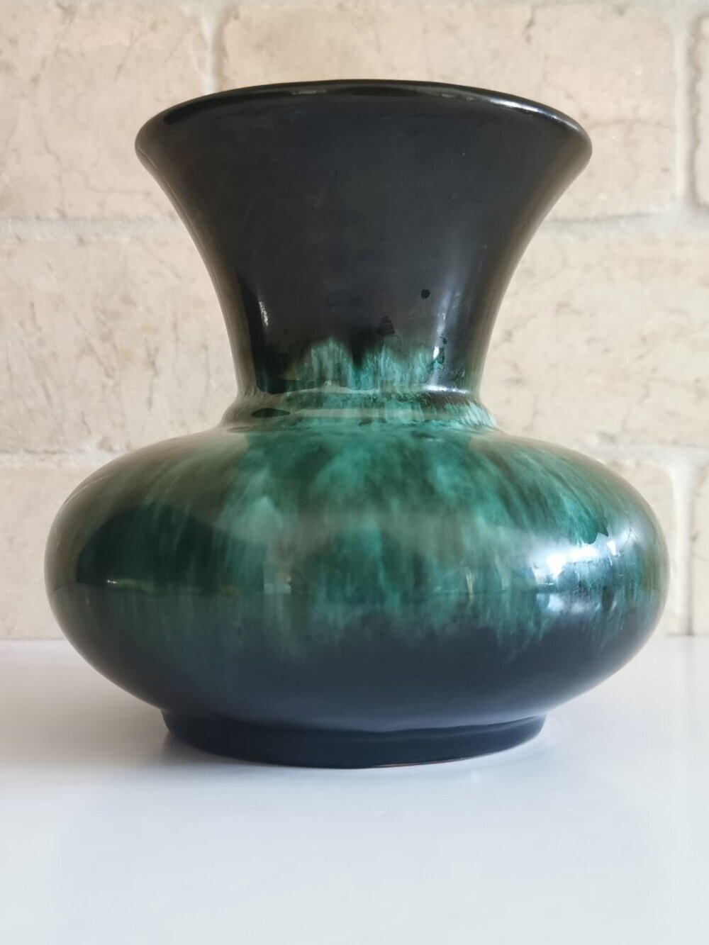 BMP Wide Mouth Vase Canadian Art Pottery Drip Glaze Black Green Cottage Core